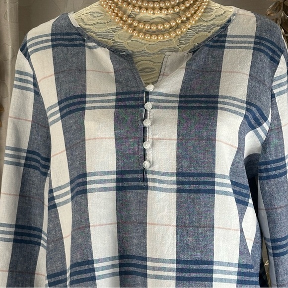 Liz‎ Claiborne Plaid Linen Blend Blouse | M Blue White Tunic Sleeve Tie - Picture 8 of 10